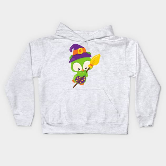 Halloween Owl, Cute Owl, Green Owl, Witch Broom Kids Hoodie by Jelena Dunčević